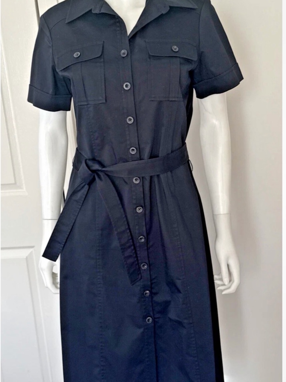 Dana Buchman Navy Button-Front Shirt Dress with Waist Tie